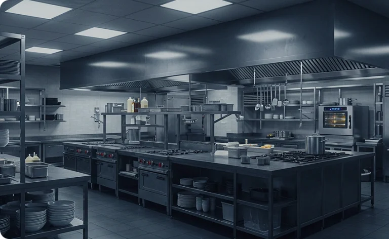 Commercial kitchen with stainless steel cooking and preparation equipment